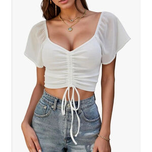 NEW: Women's Crop Top Size XL White Ruffle Sleeve V-Neck